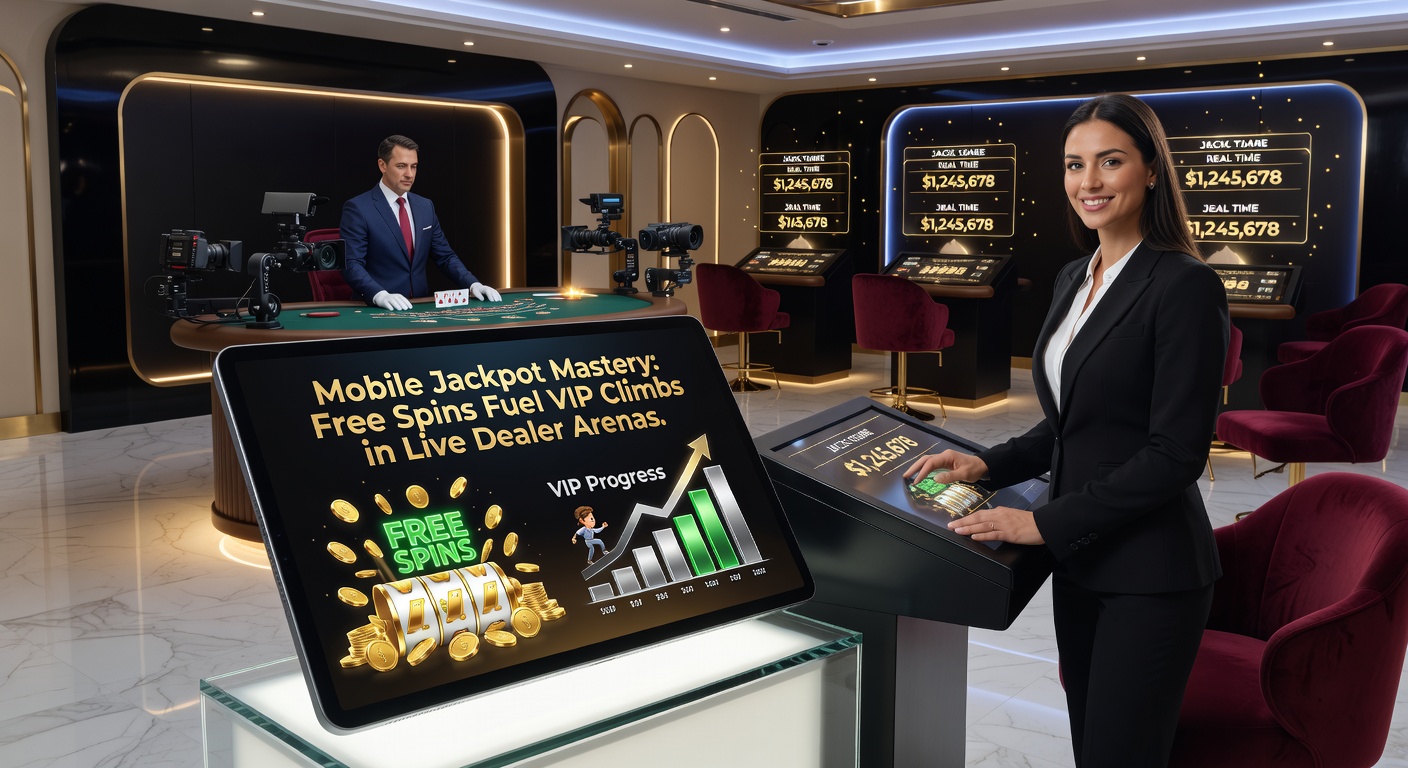 VIP-Leiter mit steigenden Stufen, Free-Spin-Symbolen und Live-Dealer-Tischen im Hintergrund, beleuchtet von goldenem Jackpot-Licht
