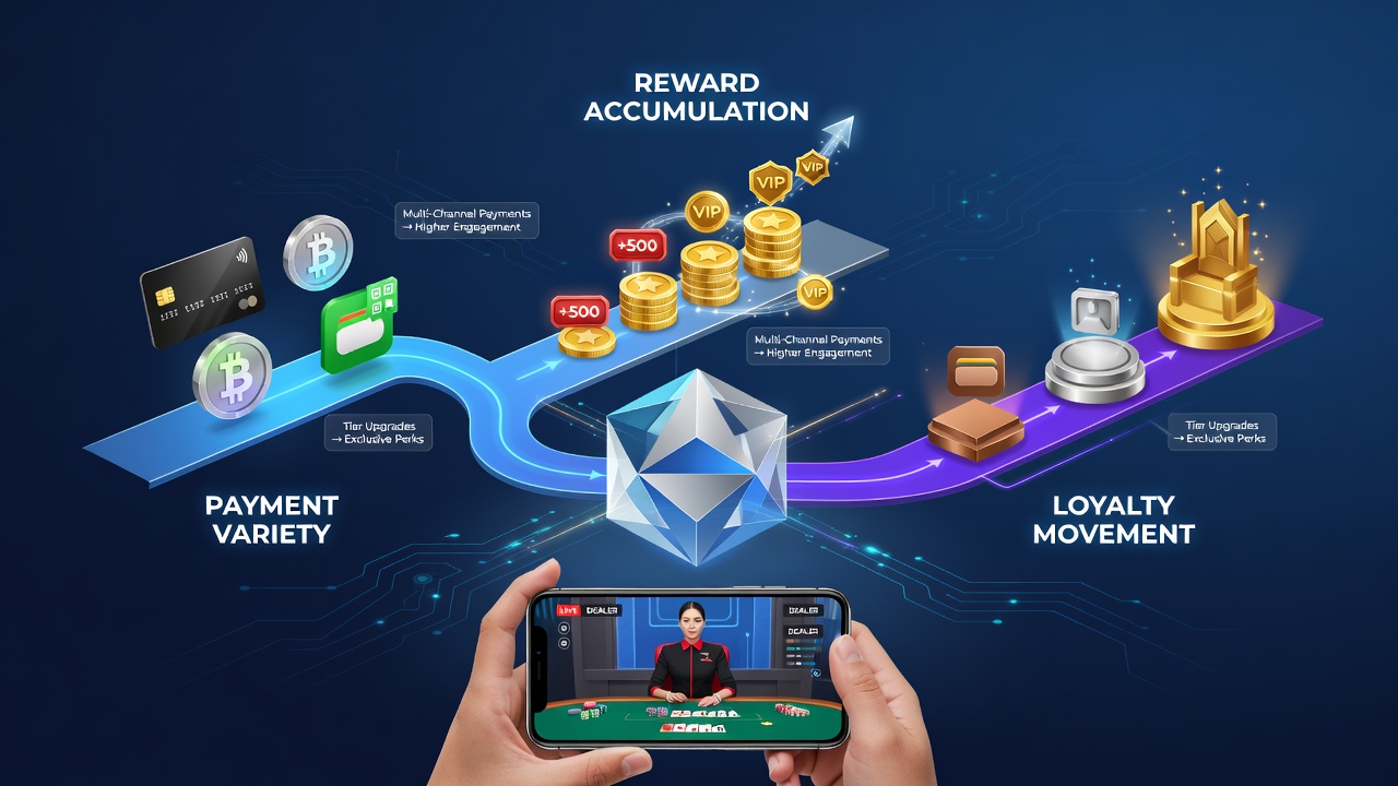 Darstellung von Transaktionsflüssen und Loyalitätsstufen in mobilen Live-Dealer-Plattformen mit Fokus auf Gebühren und Verarbeitungszeiten